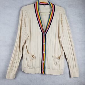 Kule Women's M The Binx Rainbow Trim Cardigan Sweater Cream Ribbed Button Up‎